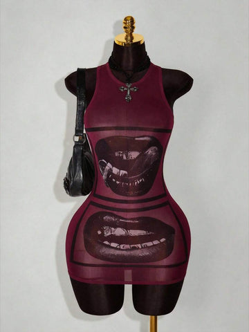 Burgundy mesh bodycon mini dress with black lip graphic front view