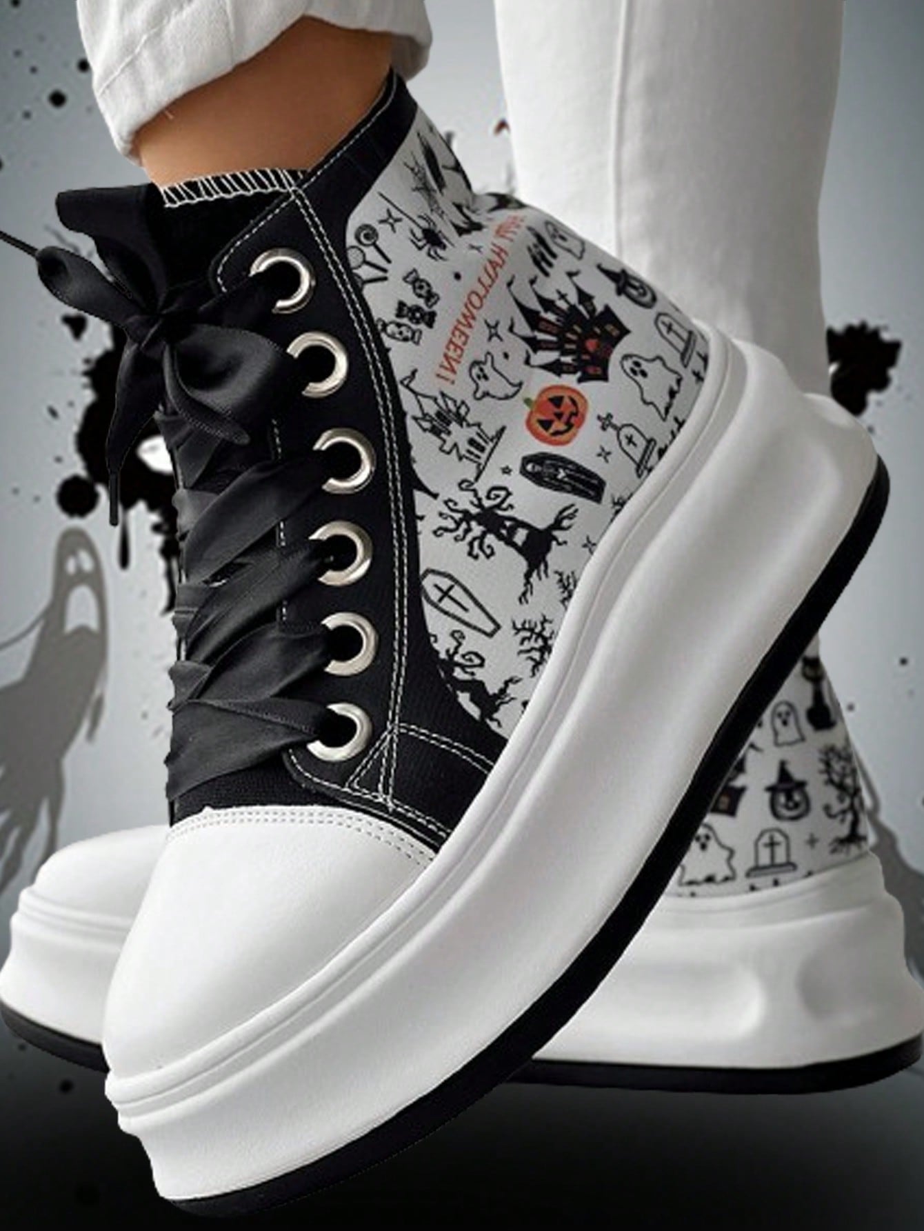 Introducing the Halloween Chic: Eyelet Lace-Up Sneakers, the perfect footwear for the fall new school season. These stylish and trendy sneakers feature an elevated design, adding height and confidence to any couple's wardrobe. The eyelet lace-up design adds a touch of sophistication to your everyday look. 