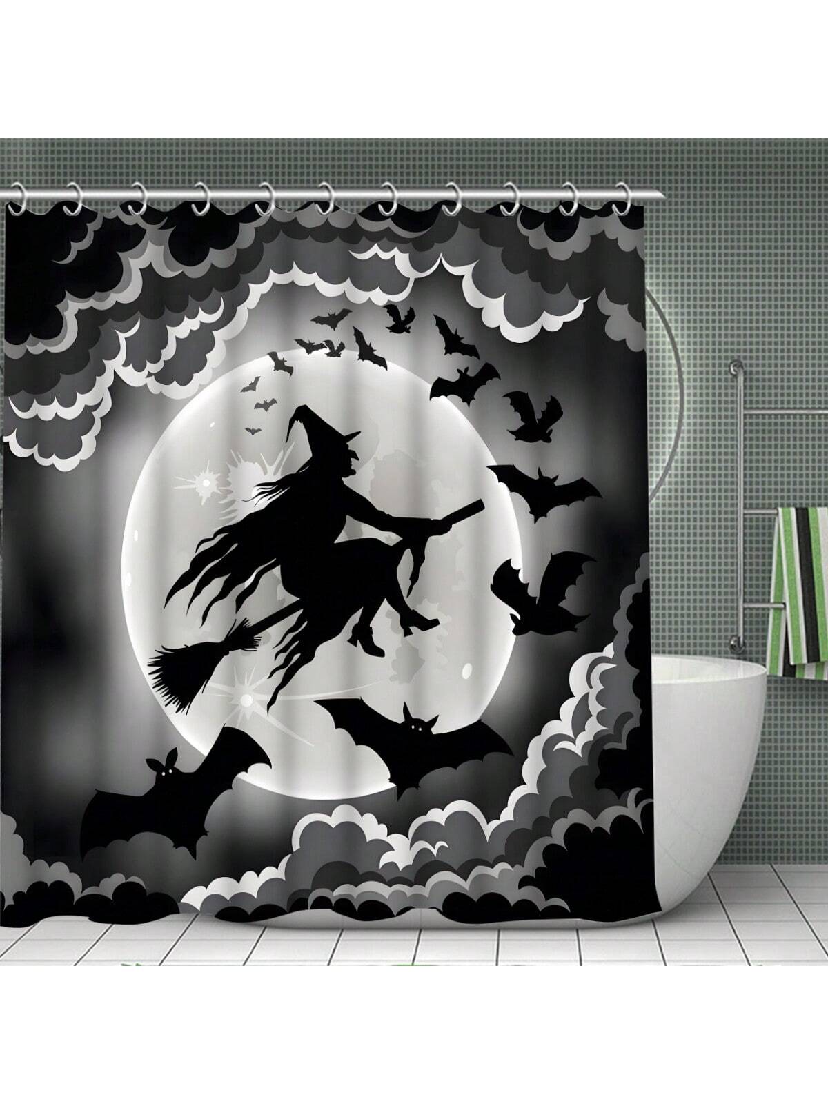 Transform your bathroom into a spooky Halloween haunt with our Witch Broomstick, Moon & Bat Shower Curtain. Featuring a witch flying on her broomstick under a full moon with a bat perched on top, this set is perfect for adding a touch of festive fright to your home.