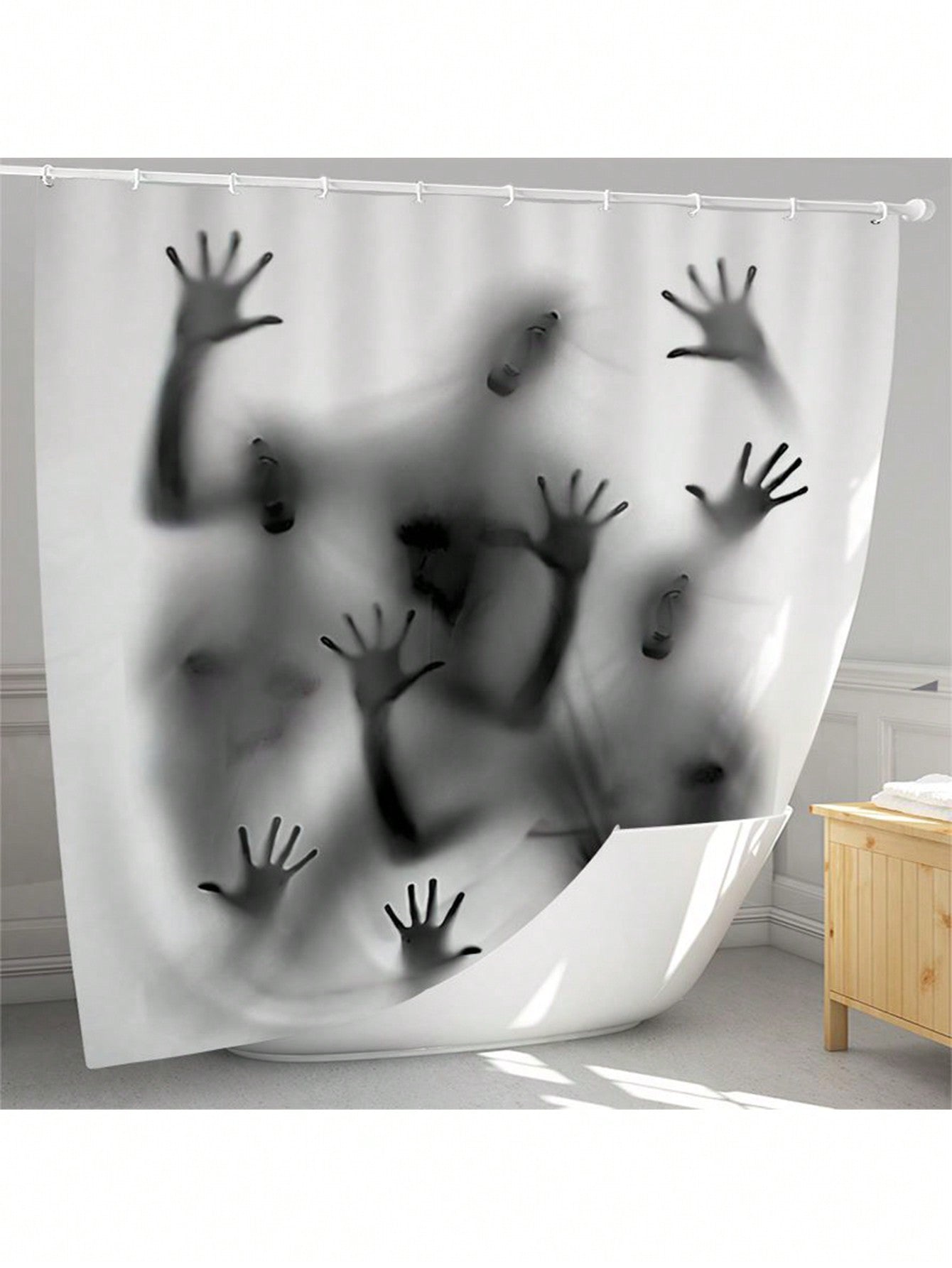 Upgrade your bathroom with the Halloween Haunt Waterproof Shower Curtain Set. This spooky decor features a waterproof design and comes with 12 shower hooks for easy installation. Transform your space into a hauntingly stylish escape.
