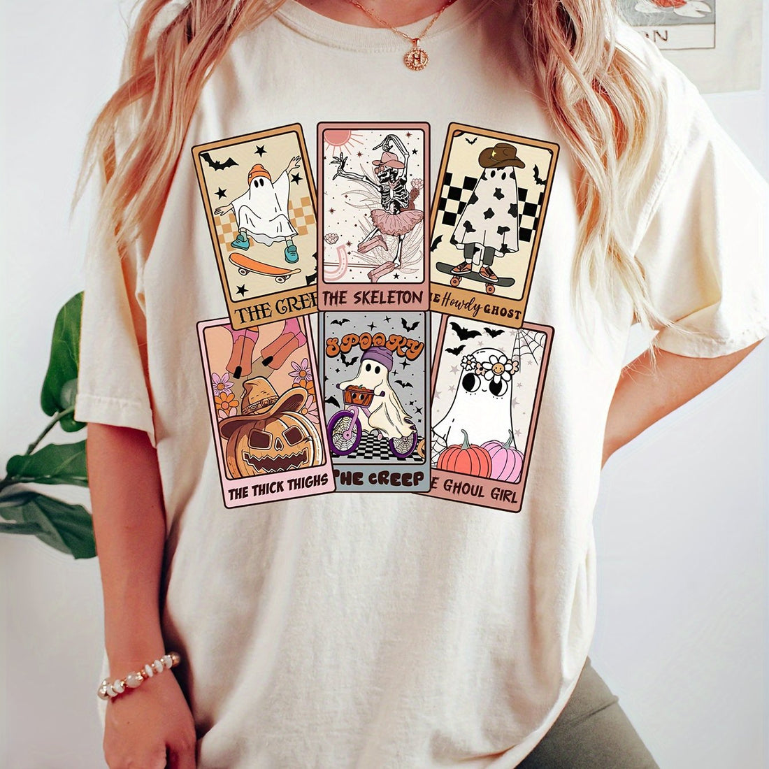 This Halloween Print Crew Neck T-shirt is the perfect addition to your spring and summer wardrobe. Made with soft and breathable fabric, it features a fun and festive Halloween print that will surely make you stand out. Perfect for casual wear, this short sleeve top offers comfort and style all in one. Get yours now and embrace the holiday season in style.