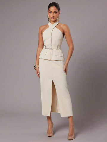 Color view 1 of halter belted pocket skirt set showing visible neckline, back, waist, skirt, and fabric details