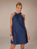 Close front view of deep-blue halter mini dress showing gathered neckline and swing silhouette
