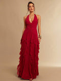 Color view 4 of halter ruffle backless maxi dress showing visible neckline, back, waist, skirt, and fabric details