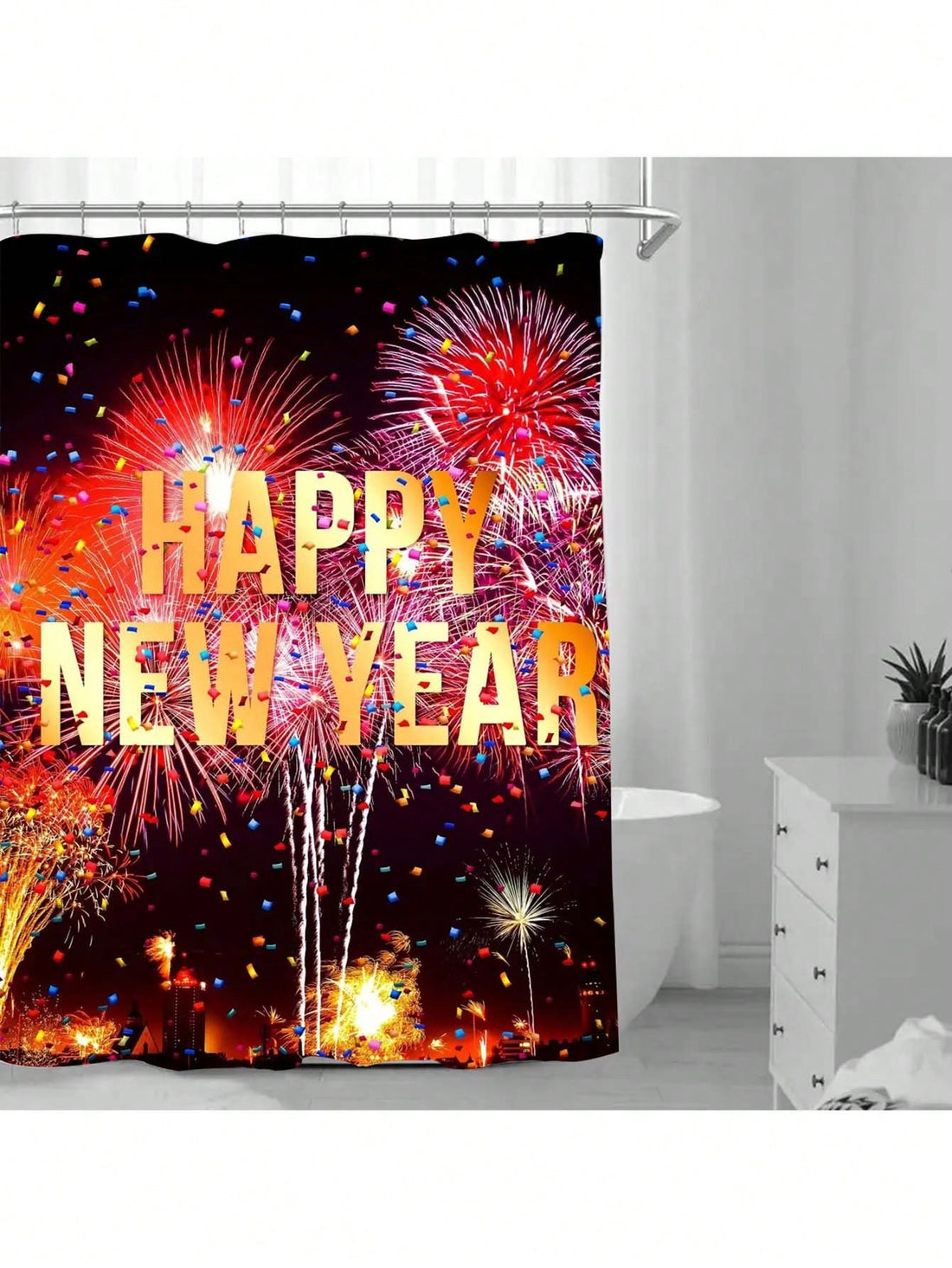 Ring in the new year with our Happy New Year Satin Waterproof Shower Curtain! This stylish bathroom decor not only adds a fun touch to your space, but it also provides easy care with its waterproof material. Start the year off right with a quirky and practical addition to your bathroom. Cheers to a fresh start!