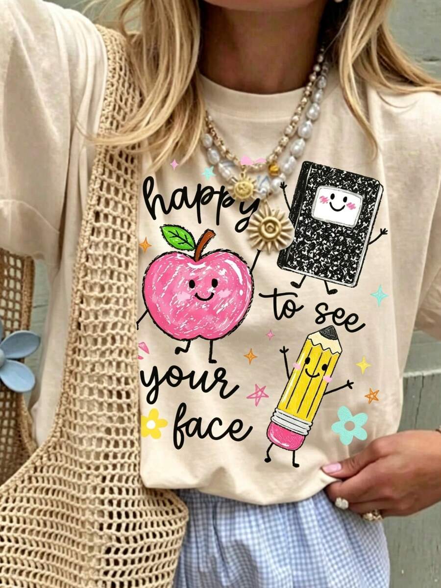Happy To See Your Face Teacher T-Shirt - Cute School Graphic Tee for Women