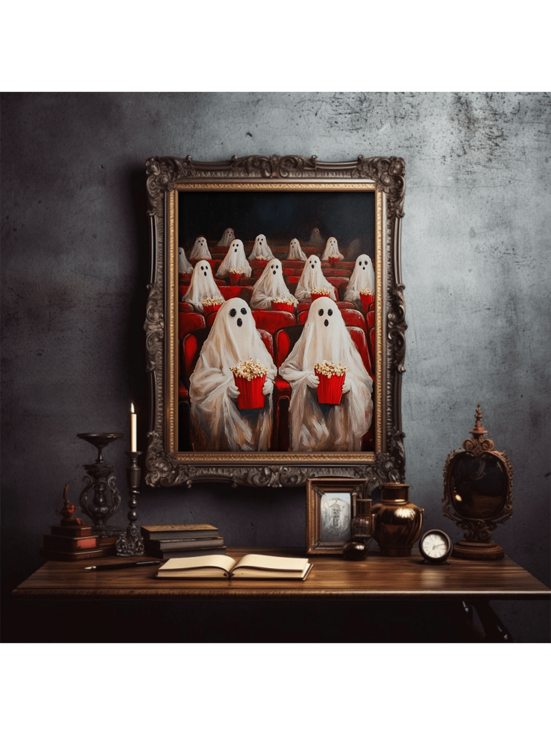 Step into a world where vintage charm meets spooky whimsy with this Hauntingly Beautiful Ghosts at the Cinema poster. Perfect for adding a touch of gothic mystery or cottagecore magic to your space, this wall art invites playful spirits to dance on your walls. Whether you're a fan of eerie elegance or cozy enchantment, this poster brings a unique blend of both to your decor.
