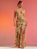 This Hauture Abstract Floral Animal Print Lace Mesh Dress features a bold fusion of patterns to ensure you stand out during any tropical summer vacation. The sophisticated mesh overlay and intricate lace detailing offer a romantic aesthetic that is perfect for golden hour dinners or beachside events.