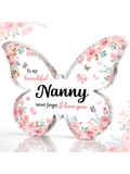 Give grandma the gift of love with our Heartfelt Acrylic Butterfly Plaque! Featuring a beautiful butterfly design and heartfelt message, it's the perfect way to show your love on her birthday or Mother's Day. Unique and sentimental, this plaque will make grandma's heart flutter with joy.