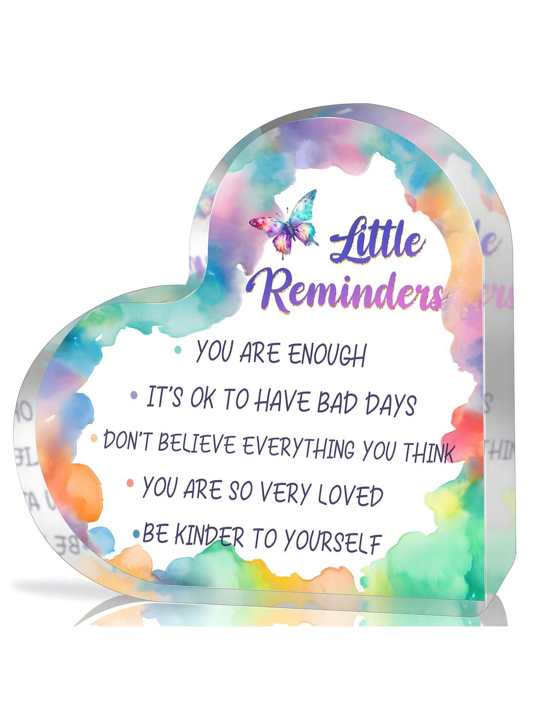 Introducing our Heartfelt Acrylic Desk Decor - a daily reminder to embrace self-love and positivity (because let's face it, we all need that extra boost sometimes). This quirky piece will bring a smile to your face and brighten up your workspace. Perfect for those who don't take themselves too seriously!