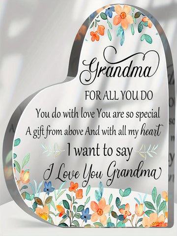 Show love for your grandmother with our Heartfelt Acrylic Heart Plaque. This beautiful tribute is the perfect way to honor her and show your appreciation. Made from high-quality acrylic, it's a lasting reminder of the special bond you share. Give a heartfelt gift that will bring a smile to her face.