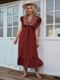Step into holiday charm with this playful embroidered midi dress, featuring a flirty ruffle hem that adds a touch of fun to your casual look. Perfect for effortless elegance, it’s your go-to for festive gatherings or sunny strolls. Embrace comfort and style in one delightful package!