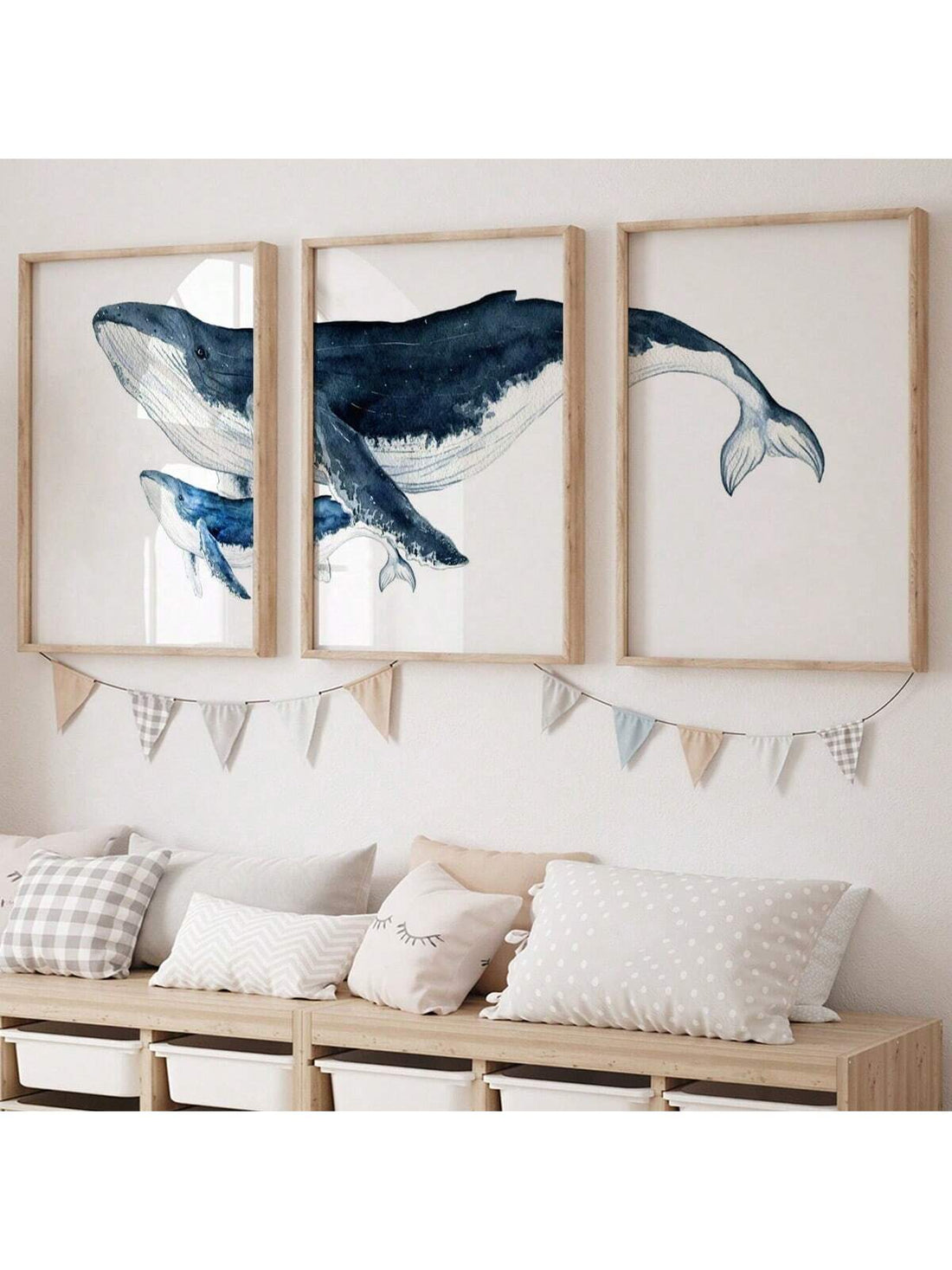 Dive into oceanic charm with this stunning three-piece canvas art set featuring majestic humpback whales rendered in soft watercolor hues. Perfect for coastal-inspired spaces, each canvas captures the graceful beauty of these gentle giants with artistic flair. The muted, sophisticated palette complements modern nautical décor while adding a touch of whimsy to any room. Whether you're a marine life enthusiast or simply love ocean-inspired aesthetics, this set transforms your walls into a serene underwater ga