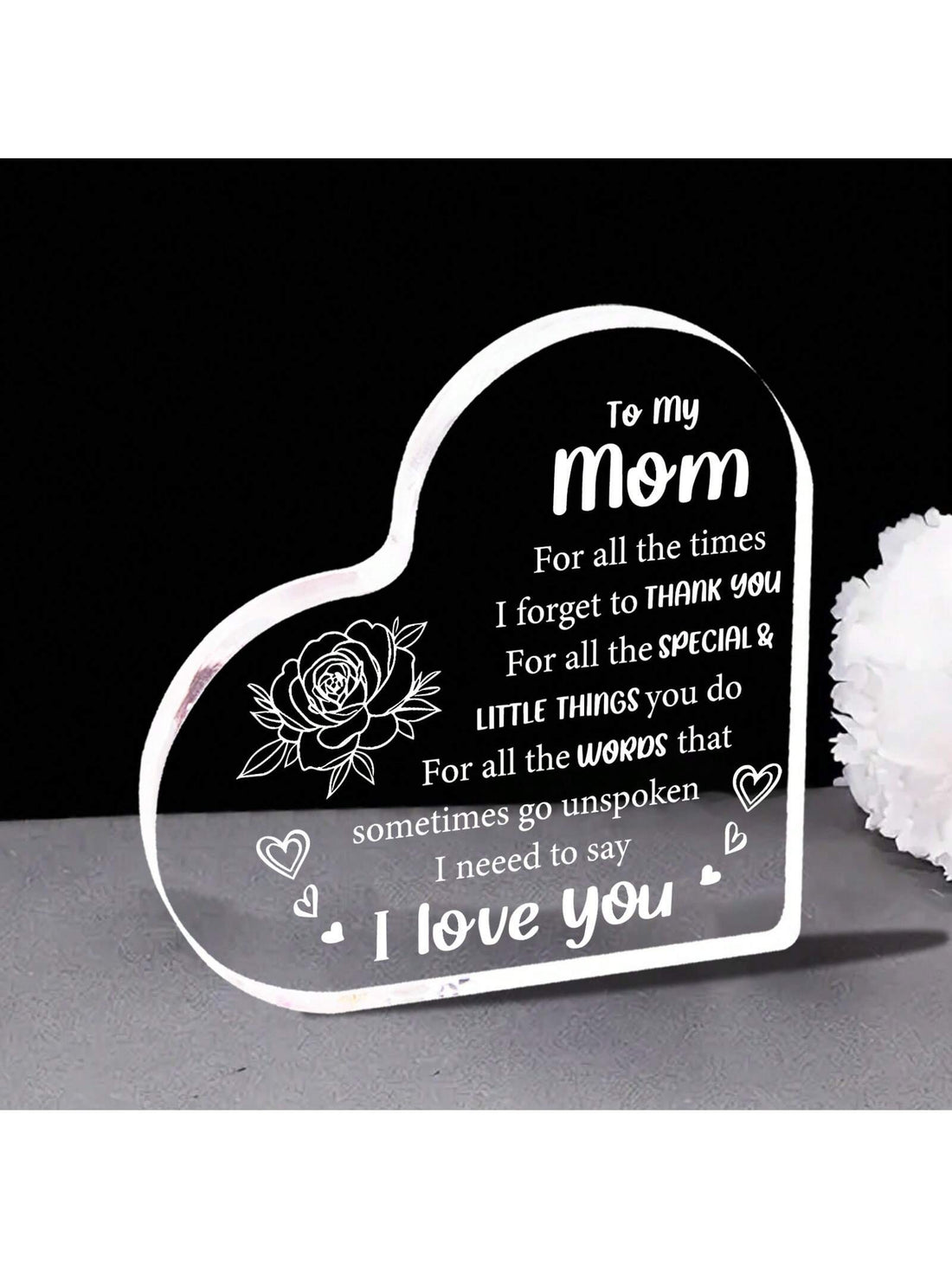 Show some love for mom with our "I Love You Mom" Heartfelt Acrylic Memorial Ornament! Perfect for Mother's Day or any special occasion, this sentimental piece is a beautiful way to honor your dear mother's memory. Crafted from durable acrylic, it's a heartfelt and lasting tribute she'll treasure forever.