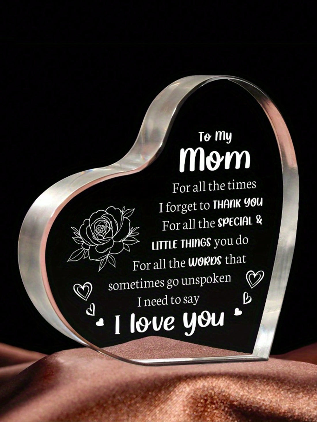 Show mom how much you love her with our unique I Love You Mom Acrylic Commemorative Heart. This heartfelt gift is perfect for Mother's Day or birthdays, with a beautiful design that commemorates your special bond. It's the perfect way to show your appreciation for all she does.