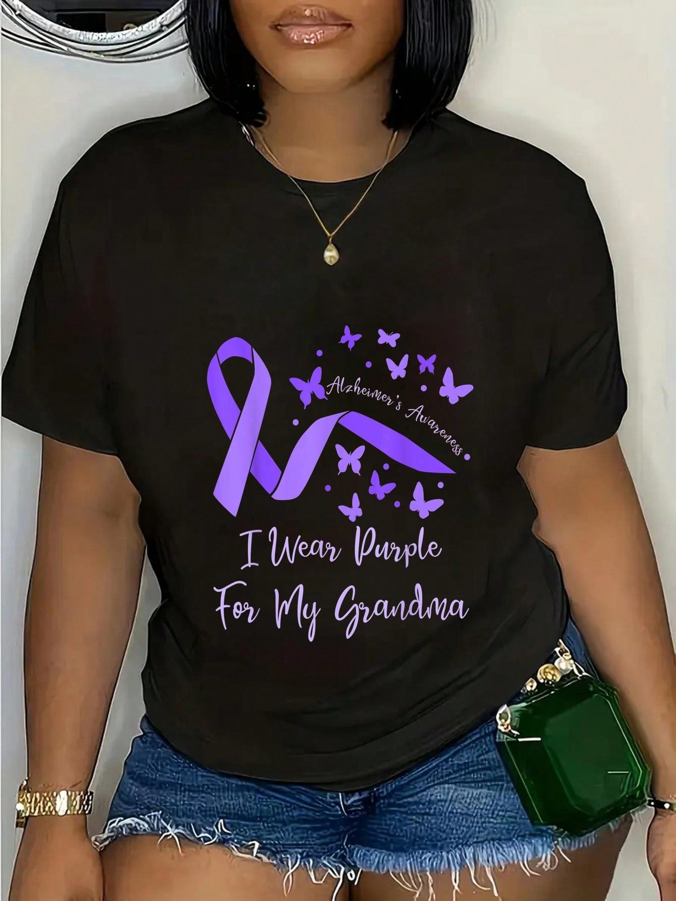 Show your support for Alzheimer's awareness with our "I Wear Purple For My Grandma" graphic tee. Made of soft, comfortable material, this tee features a playful design and a powerful message. A portion of each sale goes towards Alzheimer's research.