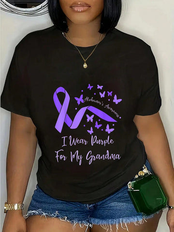 Show your support for Alzheimer's awareness with our "I Wear Purple For My Grandma" graphic tee. Made of soft, comfortable material, this tee features a playful design and a powerful message. A portion of each sale goes towards Alzheimer's research.