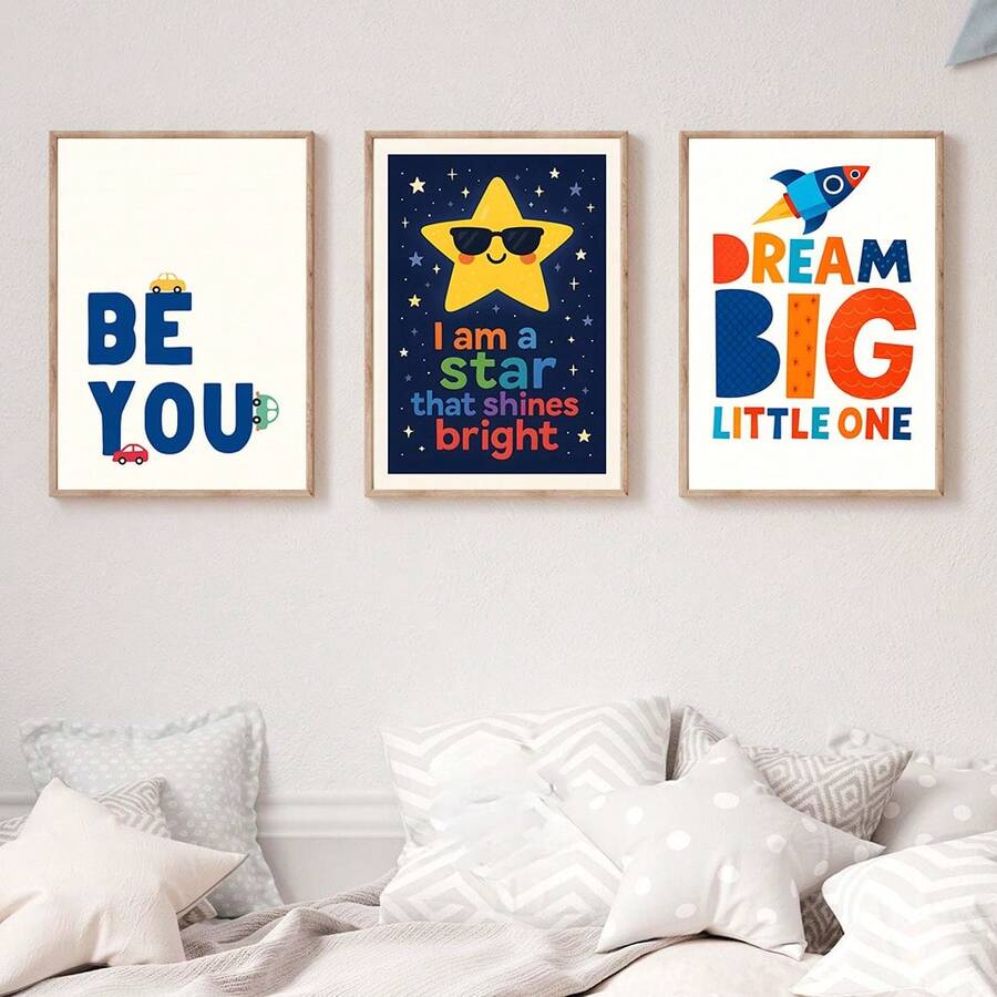 Transform your child's room into a space of positivity and self-belief with this vibrant 3-piece wall art set. Each canvas features inspiring messages designed to encourage kids to dream big and embrace their unique selves. The colorful letter-based designs add cheerful visual interest to nurseries, playrooms, and bedrooms while promoting confidence and imagination. Perfect for creating an uplifting environment that grows with your child. Ideal for birthdays, baby showers, and room makeovers.