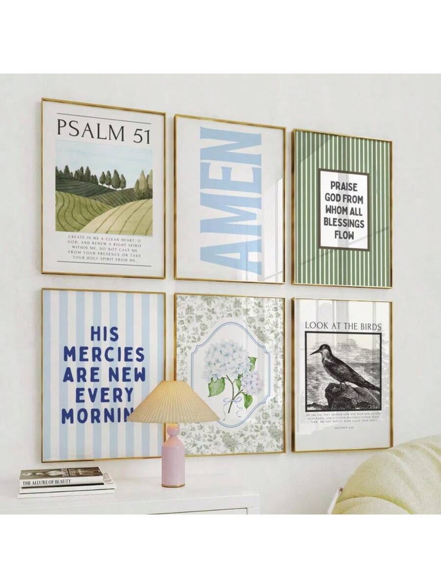 Bring uplifting vibes to your space with this 6-piece Christian wall art set! Featuring a cheerful mix of blue and green canvas prints, each piece showcases inspiring Bible verses to brighten your home and heart. Perfect for adding a splash of faith-filled color and encouragement to any room. Let these playful designs remind you daily of hope and joy in a stylish way!