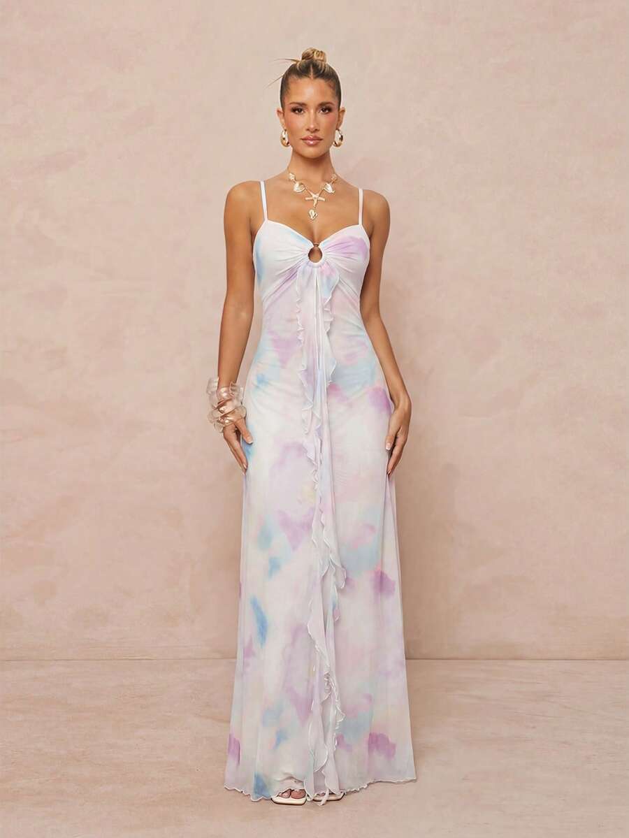 Elevate your vacation wardrobe with this stunning iridescent pleated waist goddess dress. Featuring a deep V-neckline, criss-cross lace-up back, and flattering A-line silhouette, this sleeveless maxi dress combines elegance with allure. The high-waisted design and mermaid hem create a sophisticated, elongating effect perfect for beach getaways and formal occasions. Crafted from a breathable polyester-elastane blend with medium stretch, the lined construction ensures comfort and confidence. Available in rich