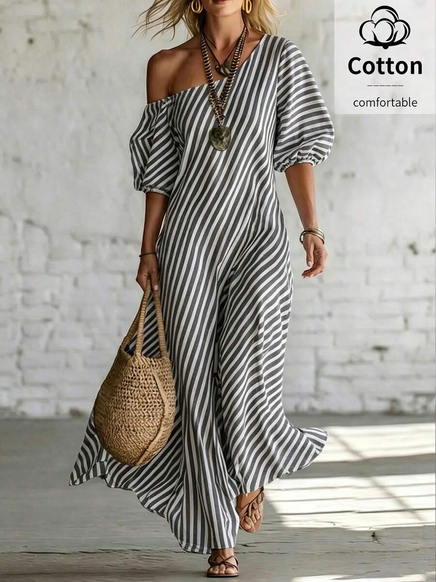 Front view of grey white striped one shoulder maxi dress with cotton comfort label
