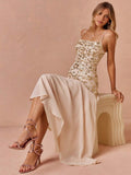 Front view of ivory gold sequin floral cami midi dress with thin straps and embellished bodice