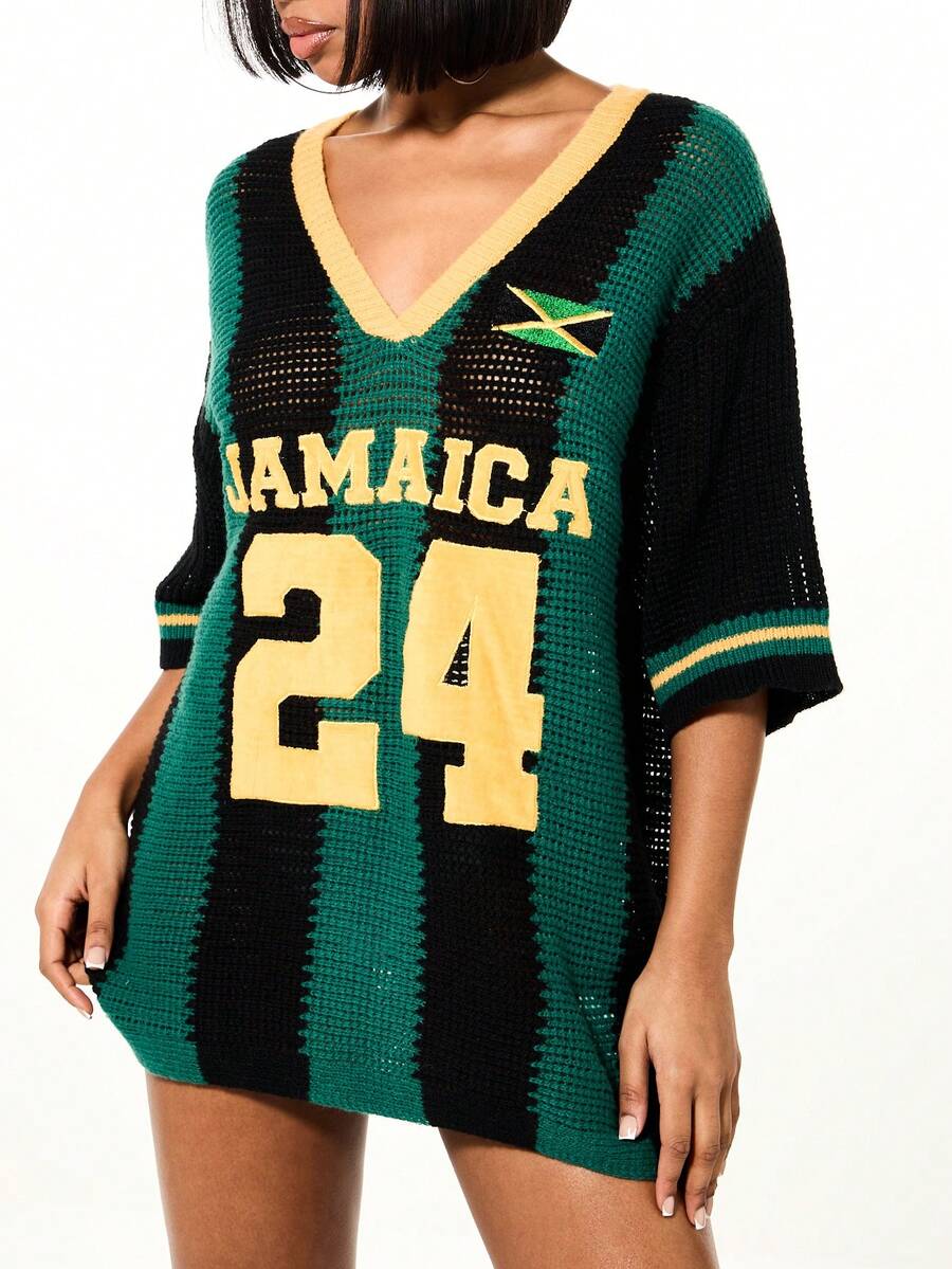 Front view of crochet V-neck tunic top for beach vacation style