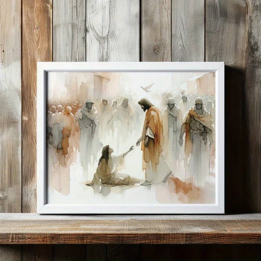 Front close view of framed watercolor Jesus scene with a seated figure and crowd, white frame on rustic wood