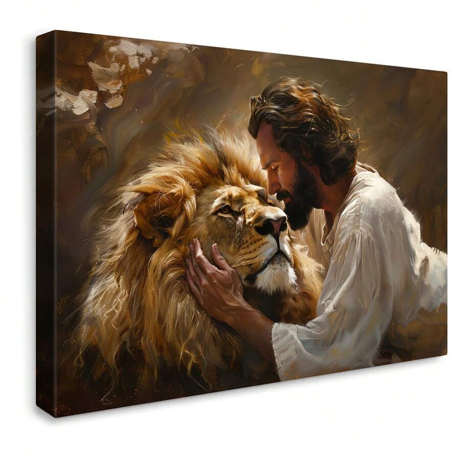 Front view of framed-style canvas art showing a robed man embracing a golden lion in warm oil-painting tones