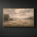 Framed horizontal canvas showing a shepherd and sheep in a muted meadow against a cloudy sky, displayed on a dark paneled wall