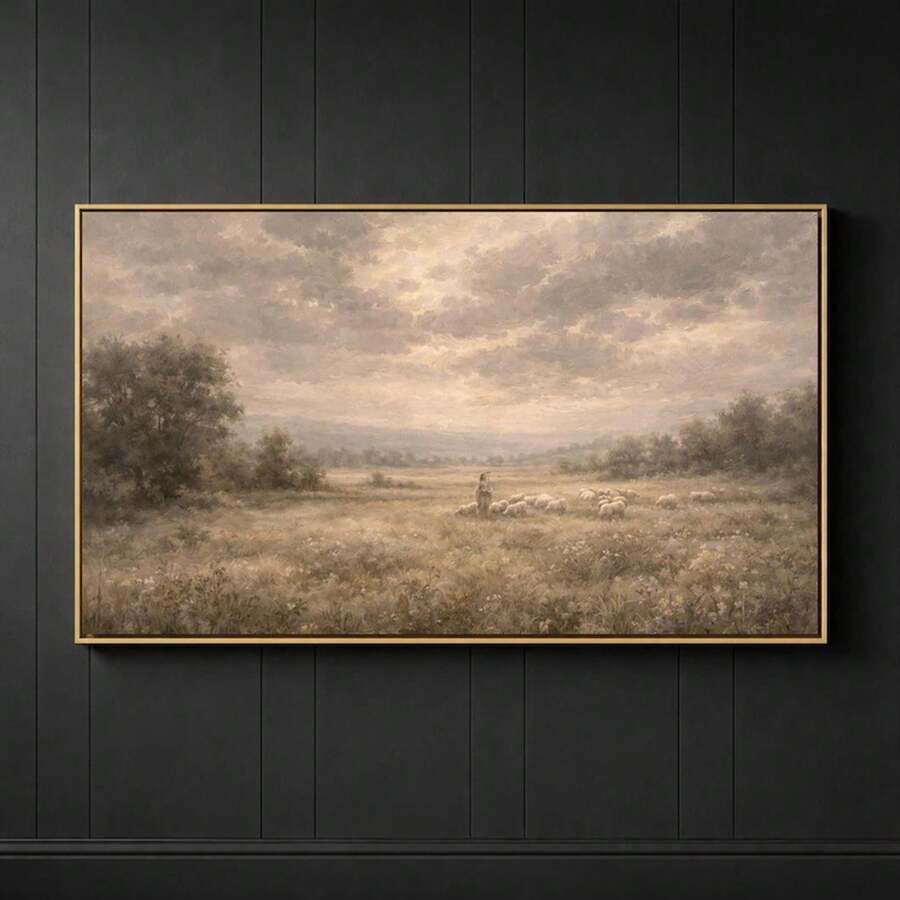 Framed horizontal canvas showing a shepherd and sheep in a muted meadow against a cloudy sky, displayed on a dark paneled wall