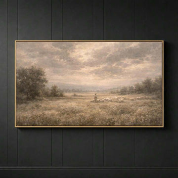 Framed horizontal canvas showing a shepherd and sheep in a muted meadow against a cloudy sky, displayed on a dark paneled wall
