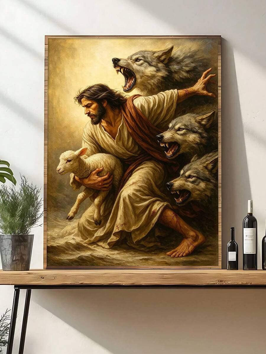 Framed golden Good Shepherd canvas showing Jesus holding a white lamb among three snarling gray wolves, displayed on a console.