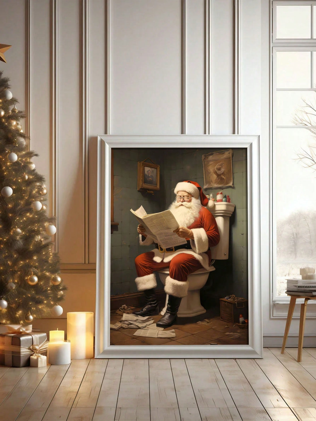 Add a touch of humor to your festive bathroom with the Jolly Santa on the Throne canvas wall art. Featuring a jolly Santa sitting on the toilet, this piece is sure to bring a smile to your face. Made with high-quality materials, it's the perfect addition to your holiday decor.