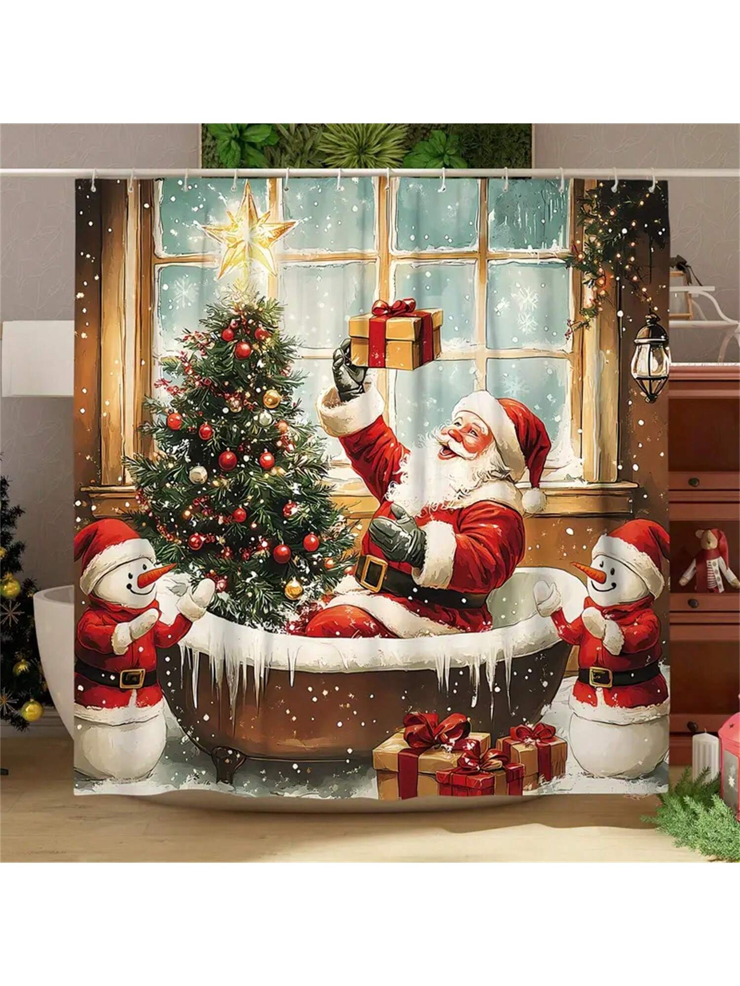 Transform your bathroom into a winter wonderland with the Joyful Holiday Vibes shower curtain. Featuring cheerful Santa, snowmen, and trees, this waterproof curtain will bring joy and whimsy to your daily routine. Enjoy a festive shower experience with the ultimate holiday vibes.