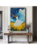 Celebrate spring with the Joyful Woman in Bloom oil painting print, featuring a girl in a white dress. This whimsical wall art adds a touch of joy and beauty to any room. Perfect for adding a playful and unique touch to your home decor. (No more boring walls, yay!)
