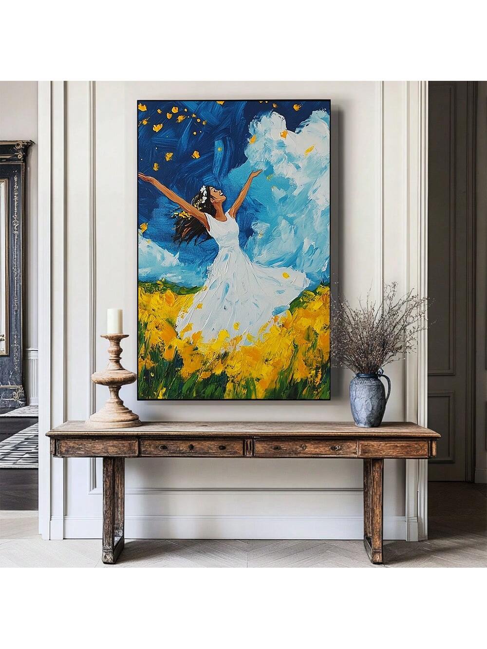 Celebrate spring with the Joyful Woman in Bloom oil painting print, featuring a girl in a white dress. This whimsical wall art adds a touch of joy and beauty to any room. Perfect for adding a playful and unique touch to your home decor. (No more boring walls, yay!)