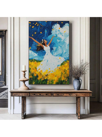 Celebrate spring with the Joyful Woman in Bloom oil painting print, featuring a girl in a white dress. This whimsical wall art adds a touch of joy and beauty to any room. Perfect for adding a playful and unique touch to your home decor. (No more boring walls, yay!)