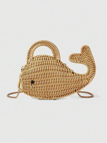 Natural tan wicker whale shape handbag with arched handle and curled tail