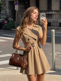 Front view of khaki sleeveless belted mini dress with lapel neckline
