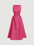 Hot pink sleeveless fit and flare midi dress with ruched waist and side ties front view
