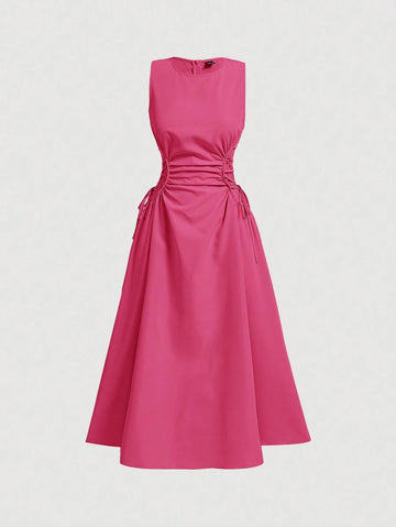 Hot pink sleeveless fit and flare midi dress with ruched waist and side ties front view