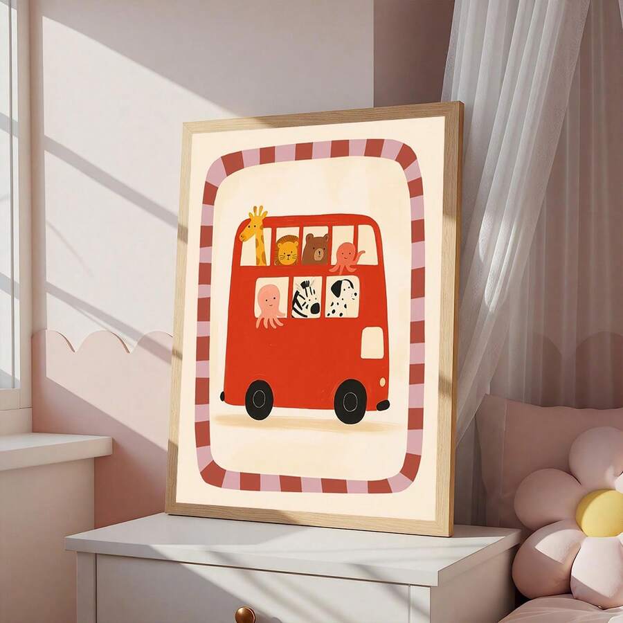 Bring playful charm to your child's room with this whimsical animal bus canvas poster. Featuring vibrant red tones and delightful cartoon characters, this frameless wall art adds instant personality to any playroom, bedroom, or family space. Perfect for boys and girls alike, it's an ideal decoration for daily enjoyment, holidays, back-to-school celebrations, or family gatherings. Made from durable chemical fiber, this multicolor poster transforms blank walls into a cheerful focal point 