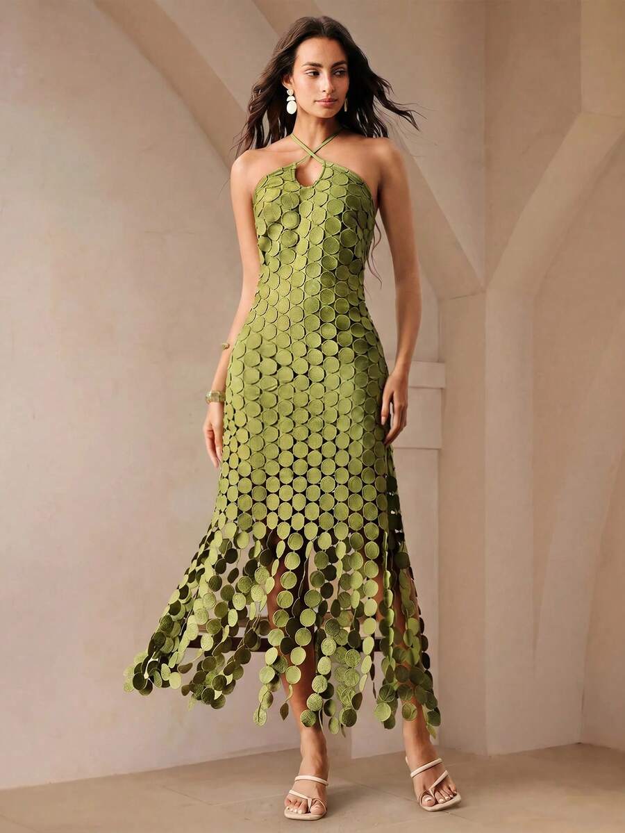 Front view of olive-green halter maxi dress with keyhole neckline and linked-disc fringe