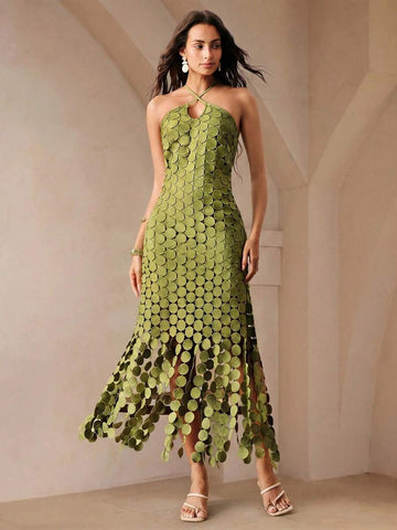 Front view of olive-green halter maxi dress with keyhole neckline and linked-disc fringe
