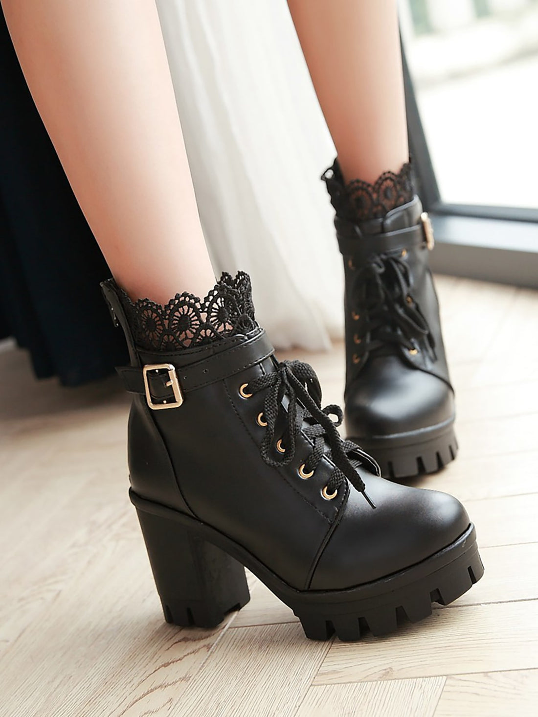 Lace It Up: Black Solid Lace Decor Buckle Detail Boots