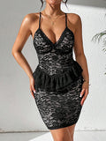 Black lace halter mini sundress with ruffle hem