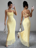 Front and back views of light-yellow lace mermaid maxi dress for evening styling