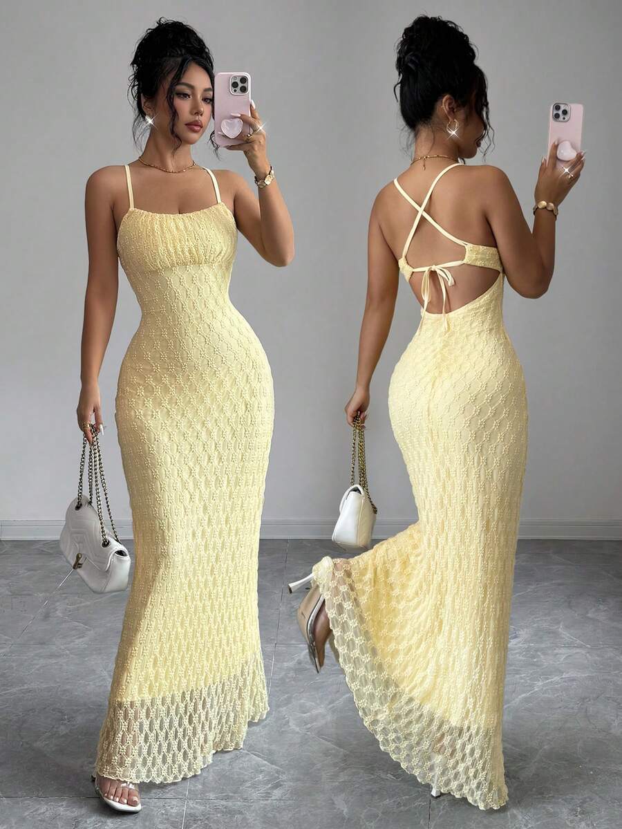 Front and back views of light-yellow lace mermaid maxi dress for evening styling