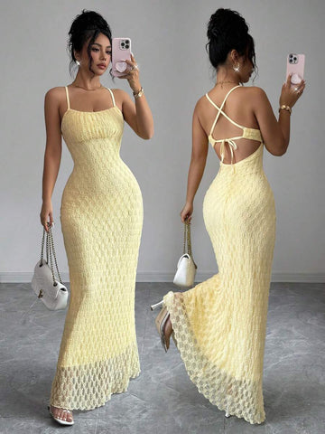 Front and back views of light-yellow lace mermaid maxi dress for evening styling